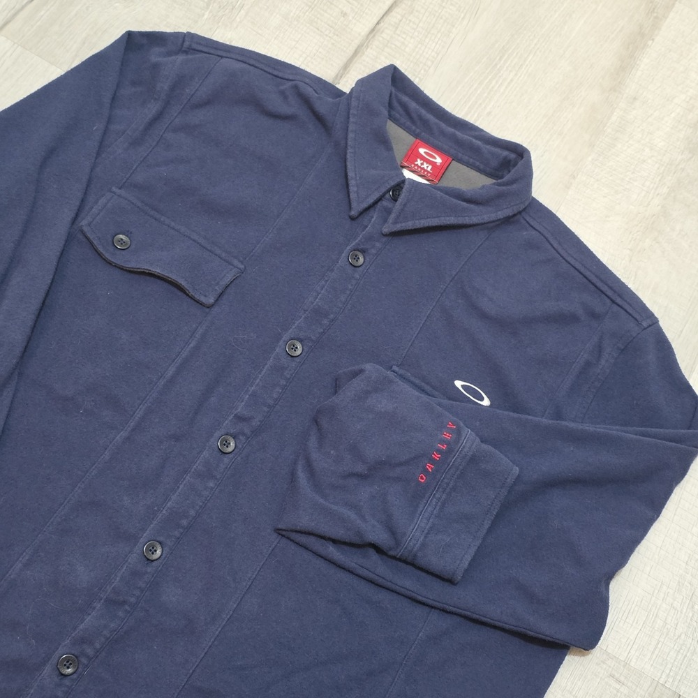 Vintage Y2K Oakley Mens XXL Fleece Long Sleeve Button Up Cargo Work Shacket Navy